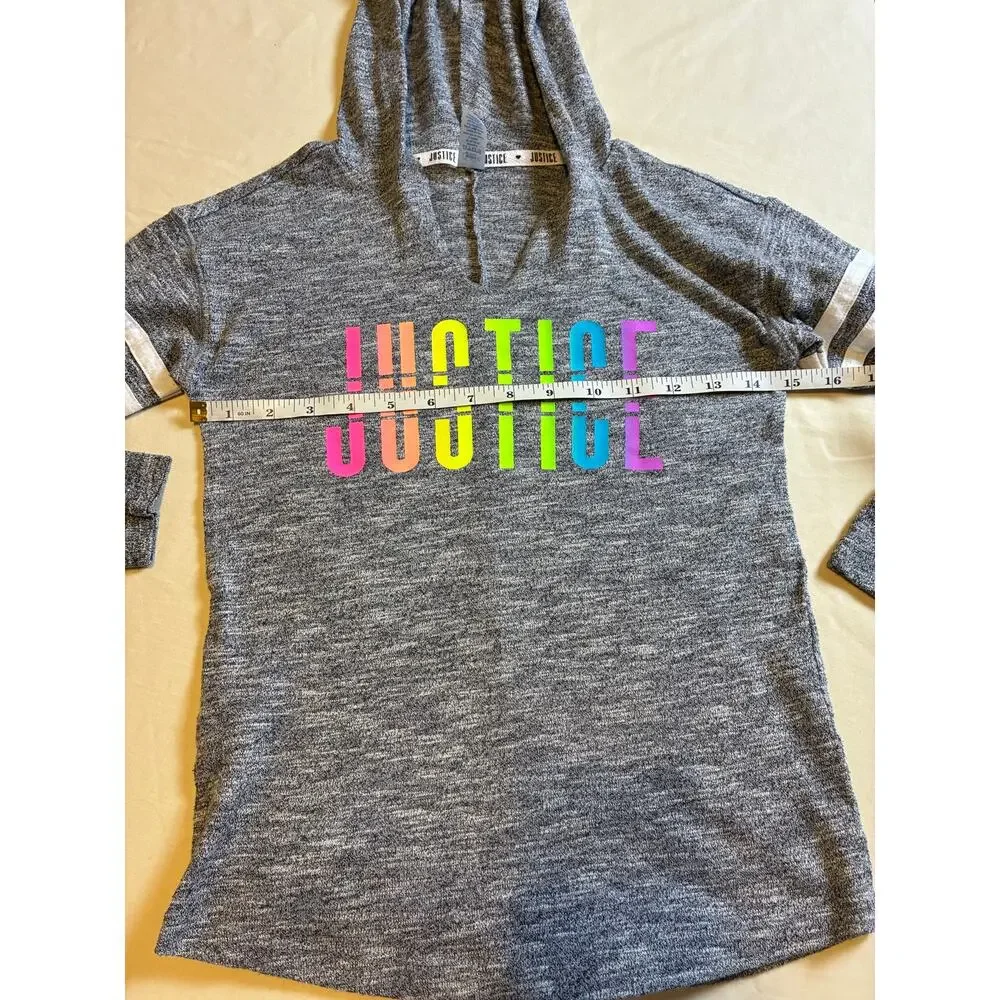 Justice Girls S 8 Gray Hooded Tunic Top Rainbow Logo Striped Sleeve Lightweight